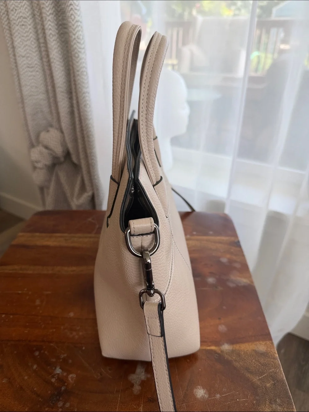 Structured Pebble Leather Satchel in Light Beige with Adjustable Strap